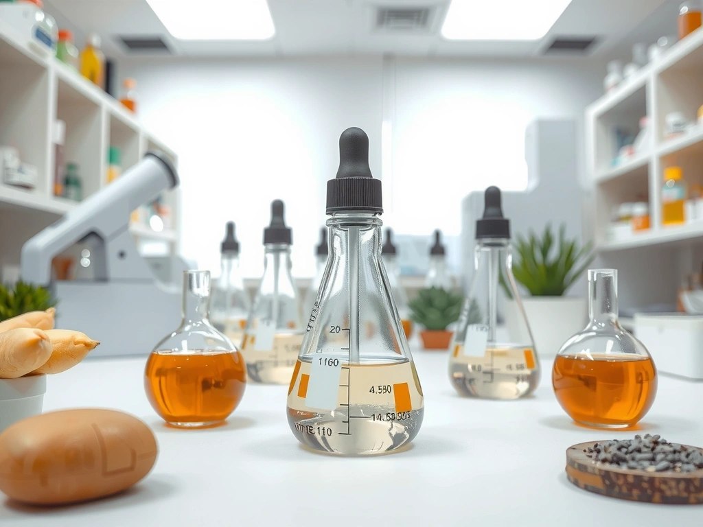 A clean, modern laboratory setting with natural botanical samples and quality control equipment.