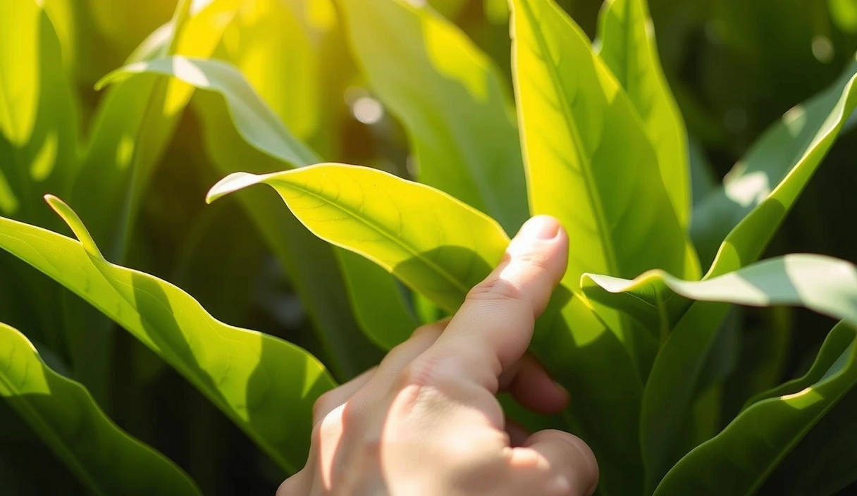 A hand gently touching a lush green plant with soft sunlight, symbolizing natural growth and care.