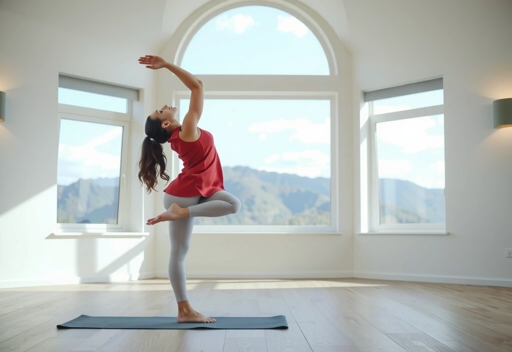 A woman performing gentle yoga stretches in a sunlit room, embodying healthy lifestyle tips.