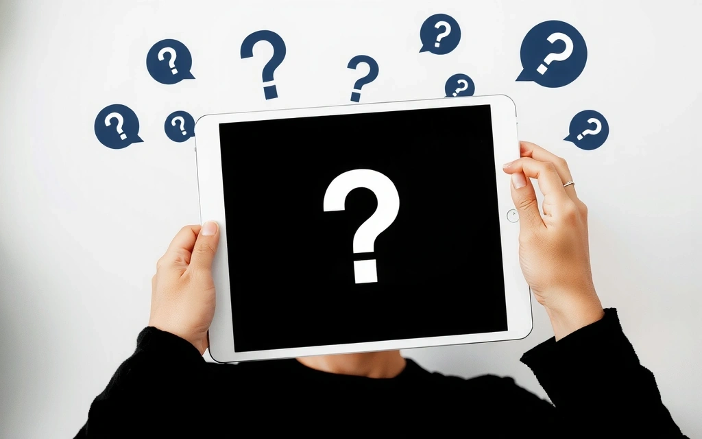 A person looking at a question mark icon on a tablet, surrounded by floating question bubbles, symbolizing problem-solving and information seeking.