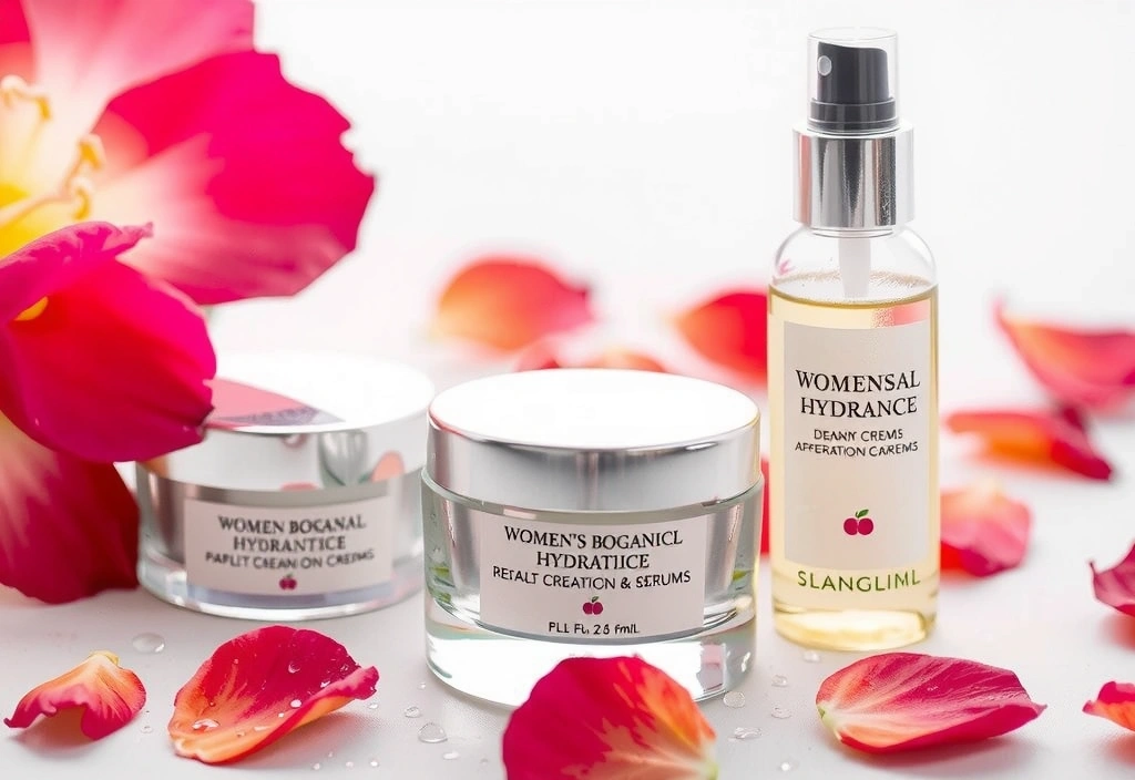 Luxurious botanical cream jars and serums for women, with fresh flower petals.