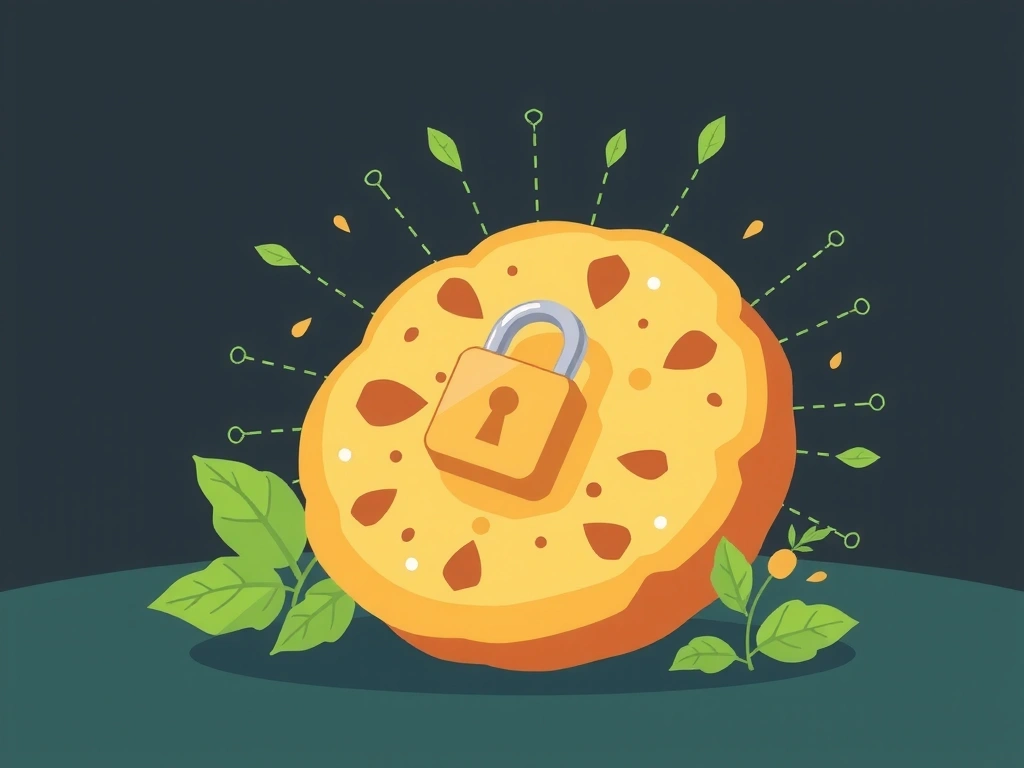 A whimsical illustration of a cookie with a tiny lock icon, surrounded by digital data streams and small herbal leaves, symbolizing cookie privacy.
