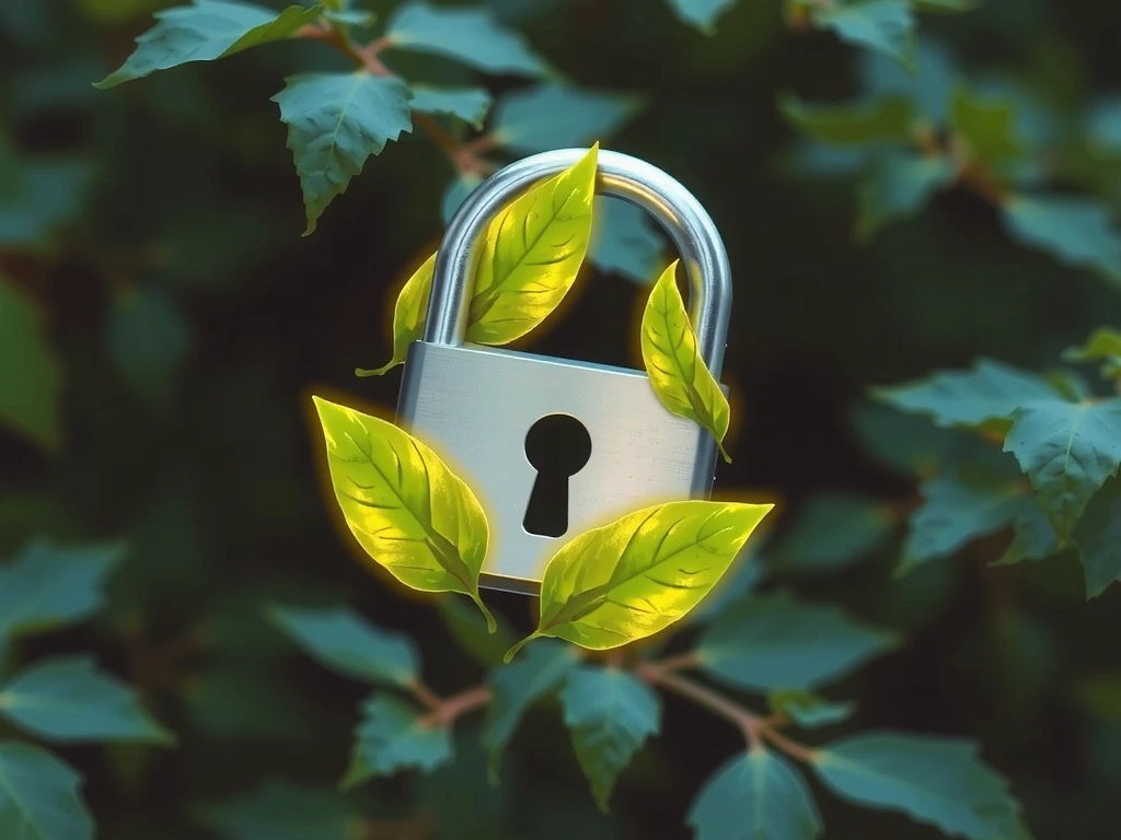A stylized illustration of a lock icon surrounded by glowing herbal leaves, symbolizing data security and natural protection.