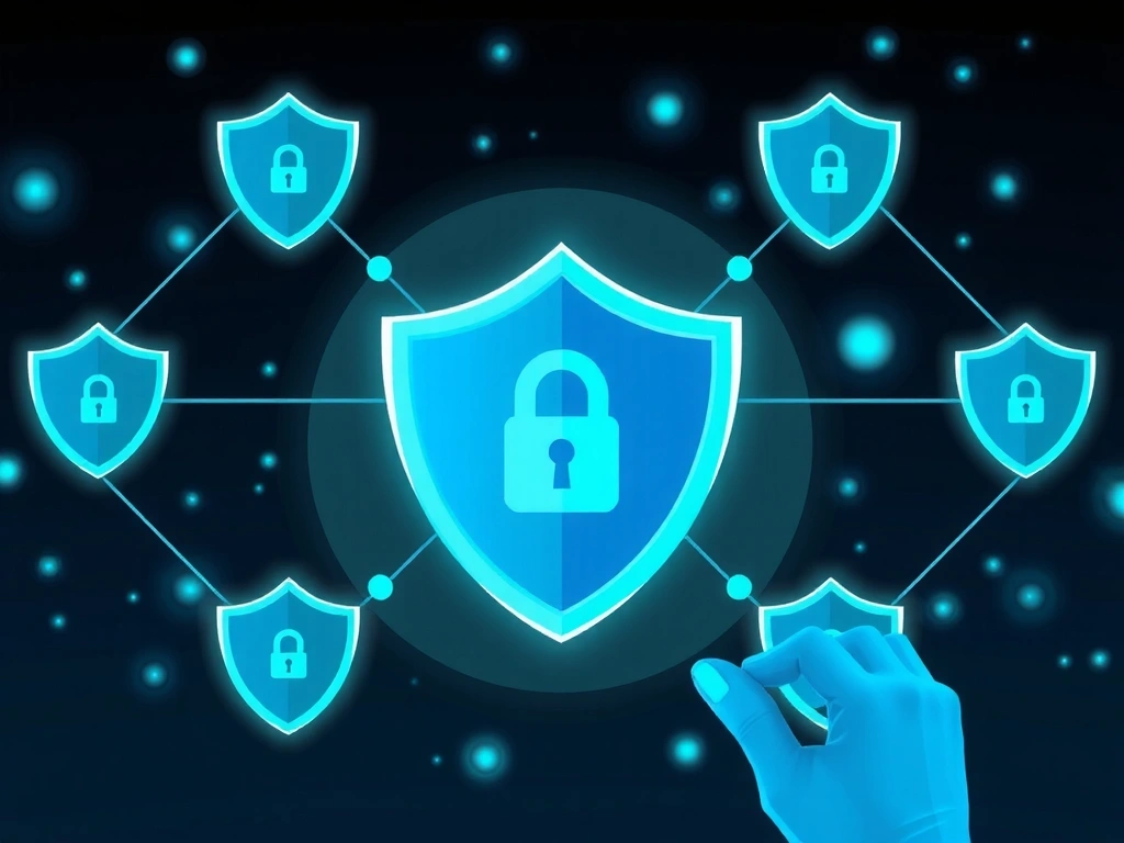 A digital illustration of interconnected shield icons forming a protective barrier around a glowing data sphere, representing robust cybersecurity measures.