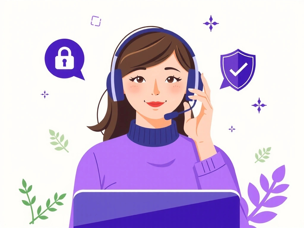 A friendly illustration of a customer support representative answering a call, with thought bubbles showing privacy and security icons. The background is a clean, modern office setting.